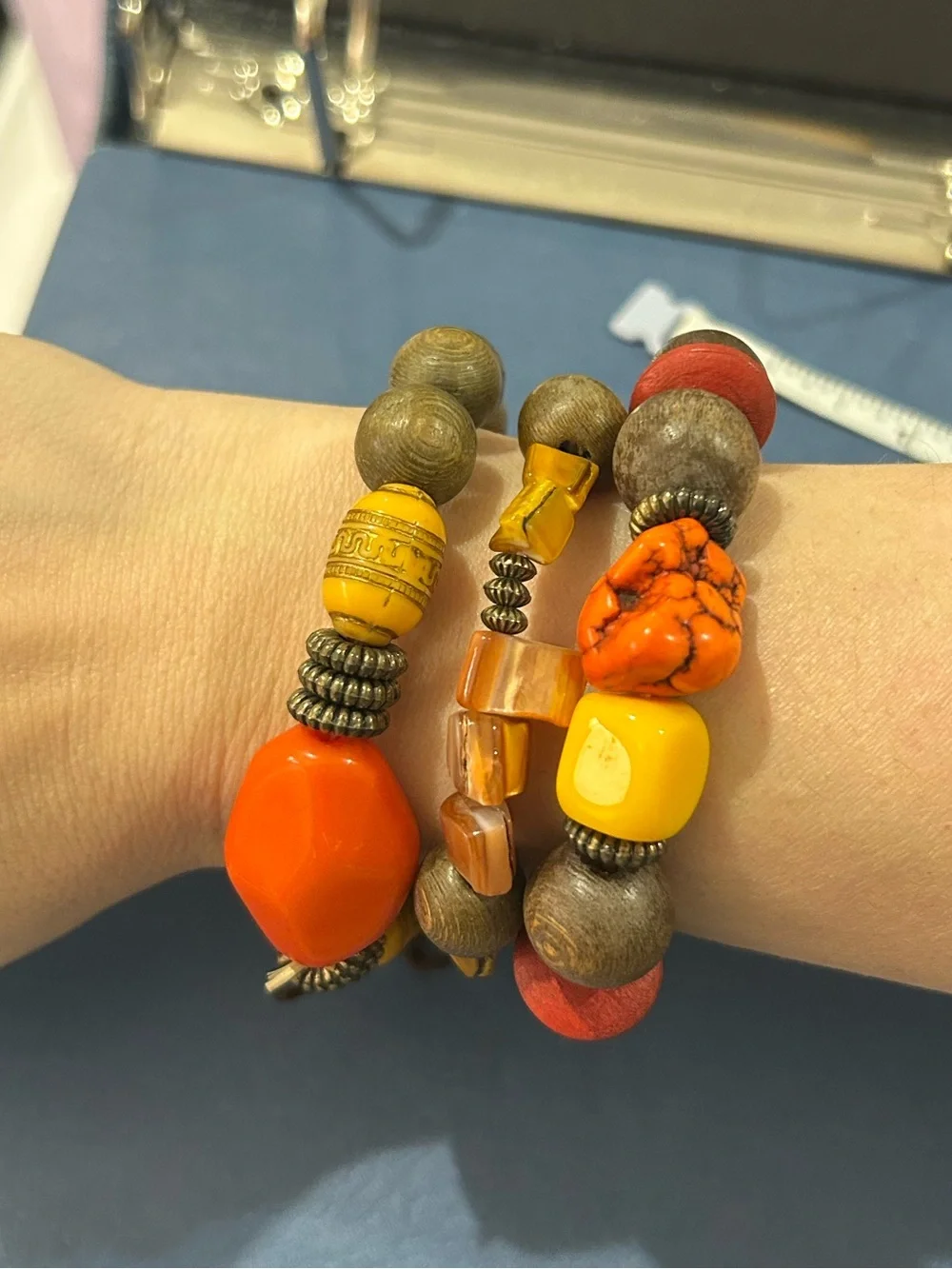 Boho Earth Tone Eclectic Mixed Bead 3-Piece Bracelet Set Orange Brown Yellow